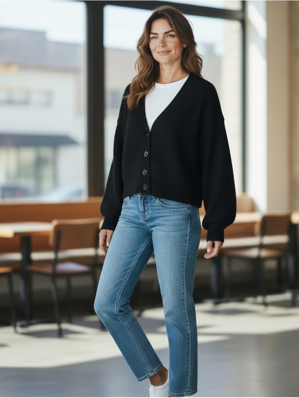 Aritzia Babaton Black Merino Wool Slightly Cropped Button Down Cardigan Size Med